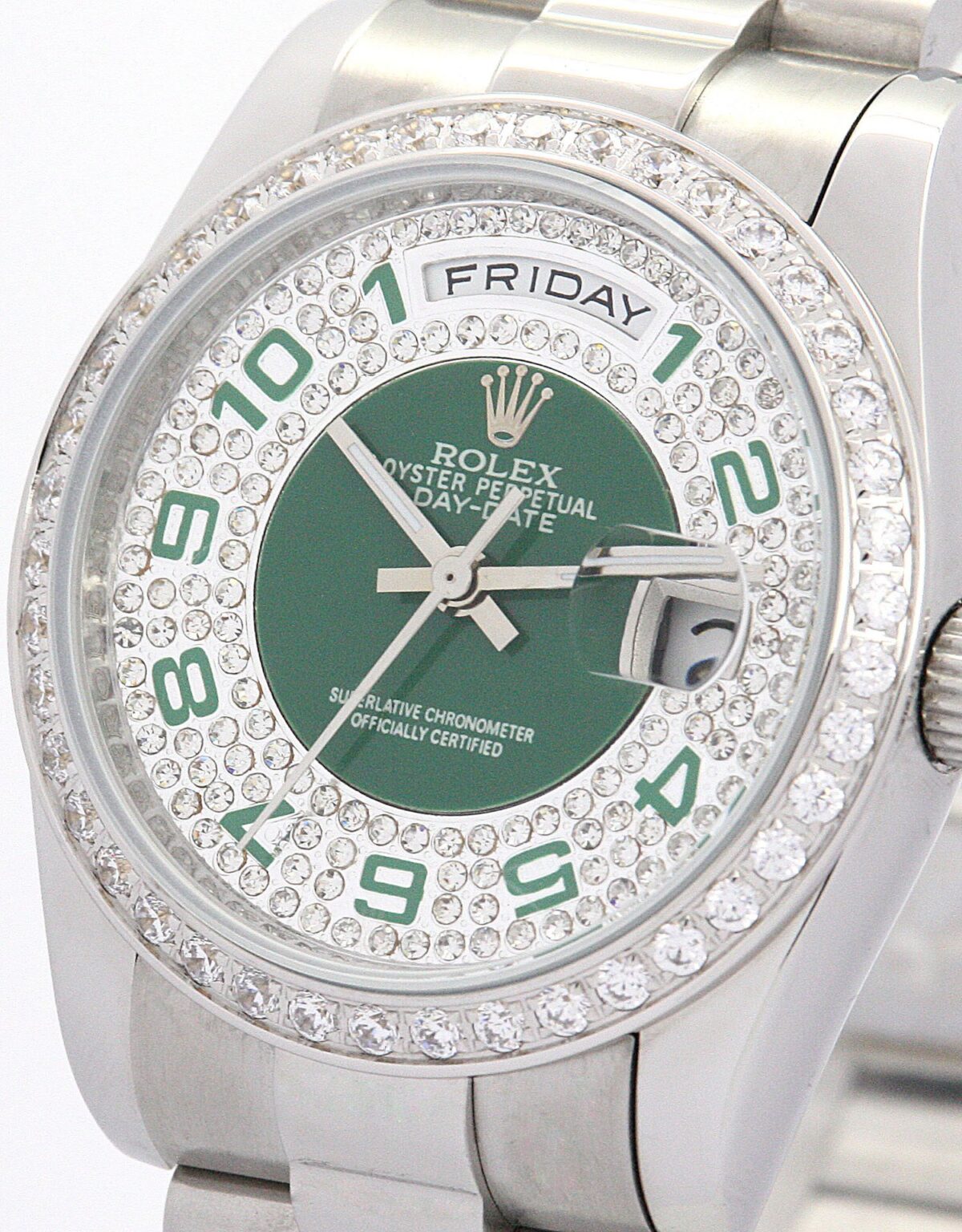Replica Rolex Day-Date 118346 36mm Dial Green-Silver with diamonds - Best shop to buy a Fake Rolex